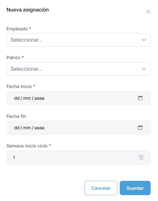 Modal Nueva asignación con empleado, patrón, fechas y semana inicio ciclo