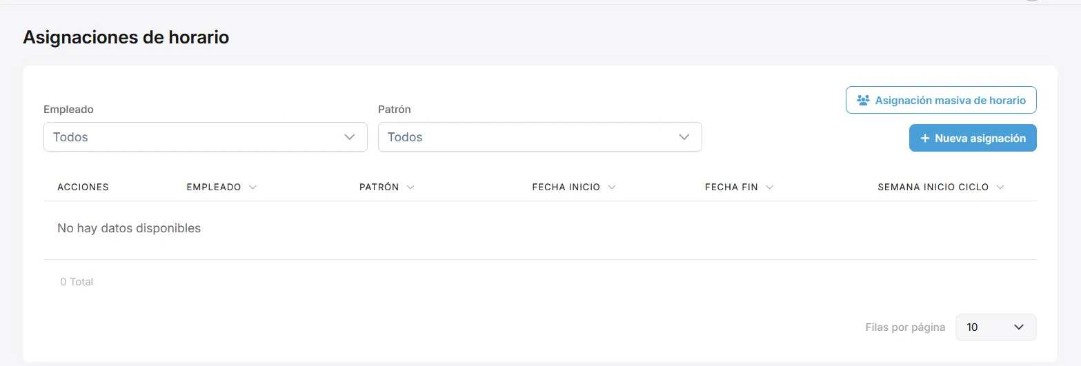 Listado de asignaciones de horario con filtros por empleado y patrón