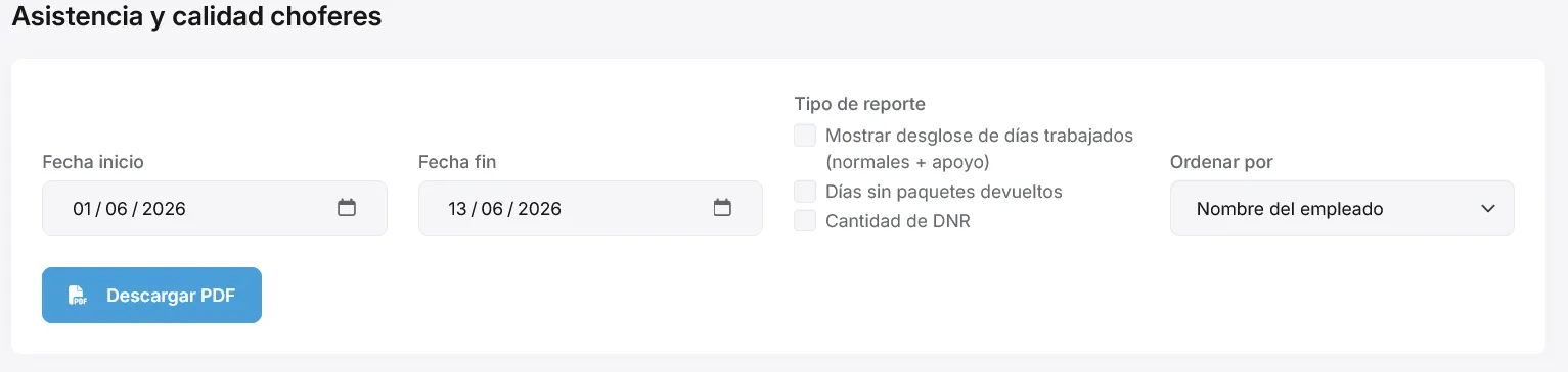Pantalla del reporte con fechas, opciones de columnas y orden