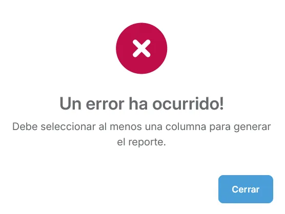 Mensaje de validación cuando faltan columnas obligatorias o el rango de fechas no es válido