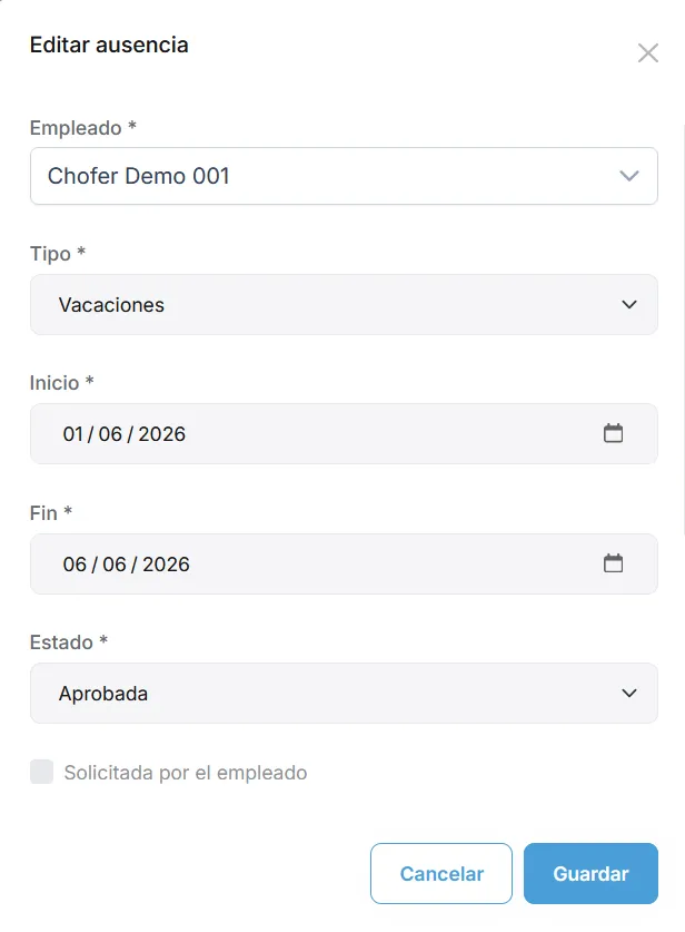 Modal de nueva o edición de ausencia con empleado, fechas y estado