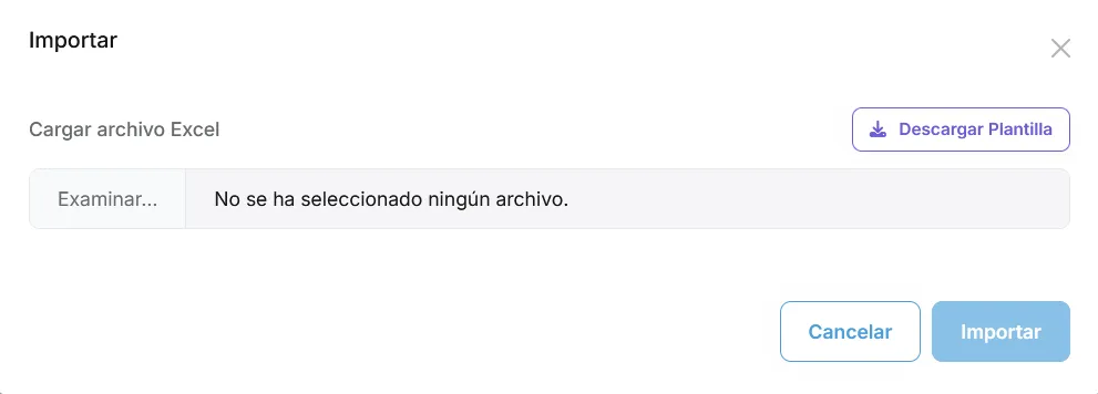Modal de importación de celulares con plantilla y archivo Excel