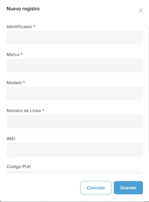 Modal de alta o edición de celular con marca, modelo y número de línea