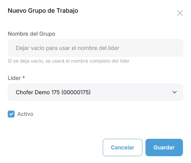 Modal de nuevo o edición de grupo con nombre, líder y casilla Activo