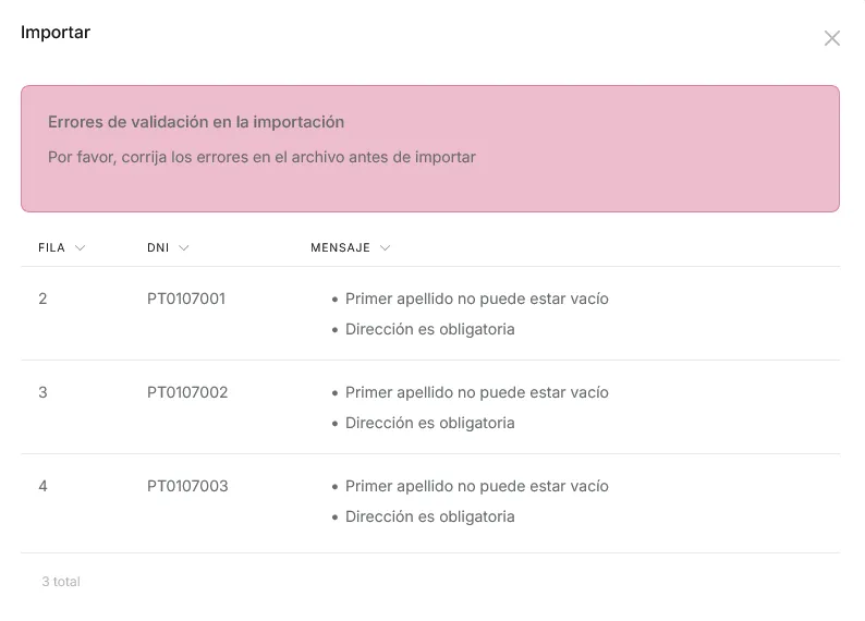 Listado de errores de validación por fila tras intentar importar el Excel