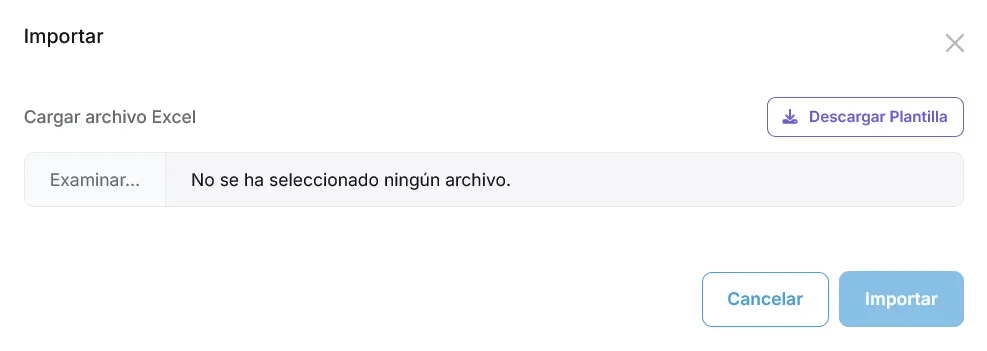 Modal de importación con opción de descargar plantilla y seleccionar archivo Excel