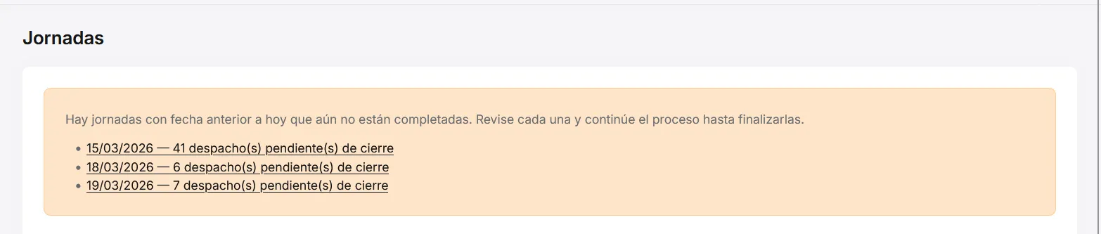 Menú Acciones de una jornada con entradas según el estado del día