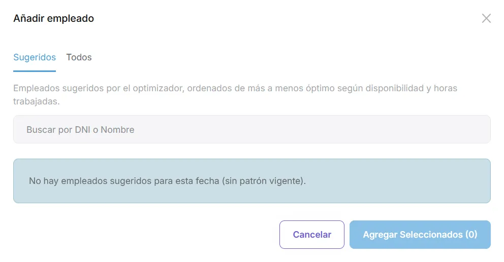 Modal Añadir empleado con pestañas Sugeridos y Todos