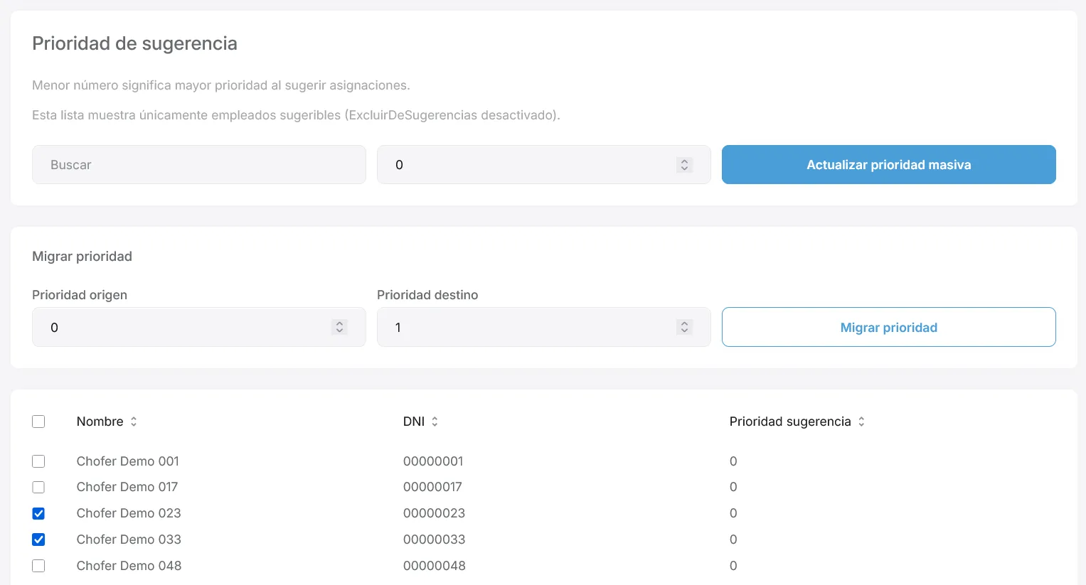 Bloque de actualización masiva con prioridad destino y botón Actualizar prioridad masiva