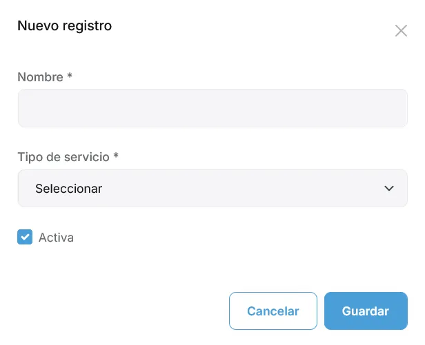 Modal de alta o edición de ruta con nombre, tipo de servicio y casilla Activa