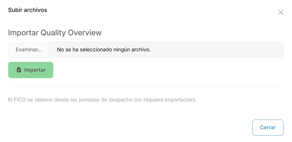 Modal Subir archivos para importar Quality Overview en CSV