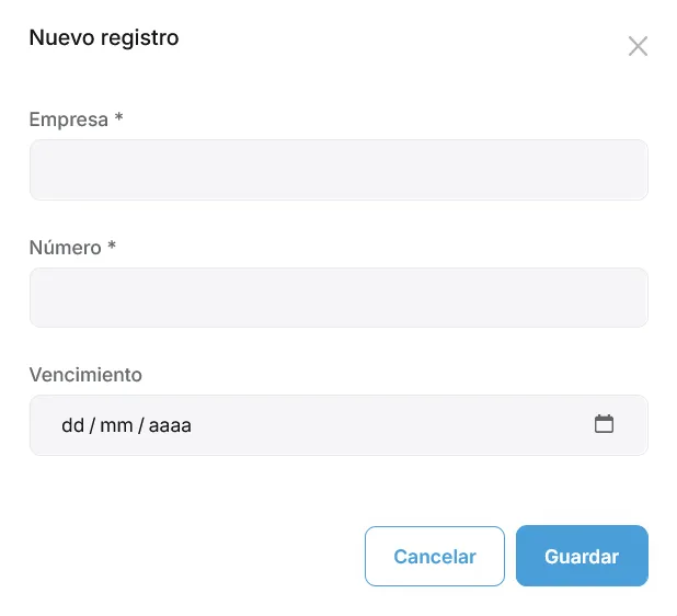 Modal de alta o edición de tarjeta de combustible