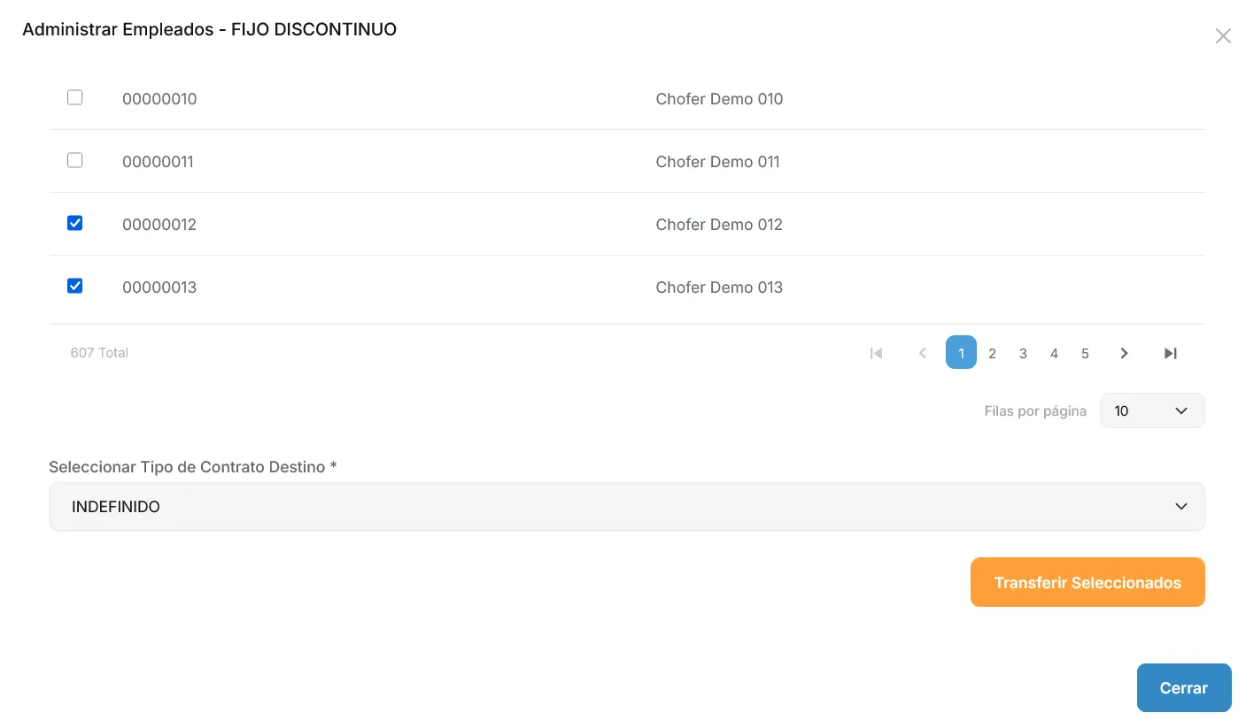 Modal Gestionar empleados para transferir personas a otro tipo de contrato