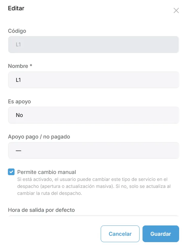 Modal de edición de tipo de servicio con nombre, horas por defecto y tipo sugerido