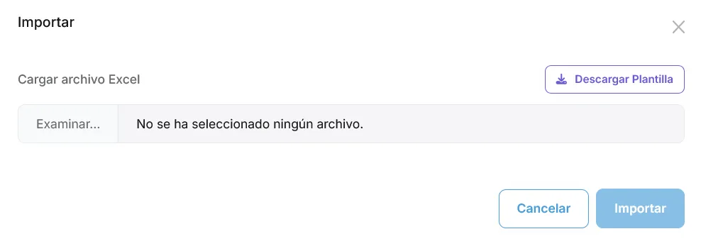 Modal de importación de vehículos con plantilla y selección de archivo